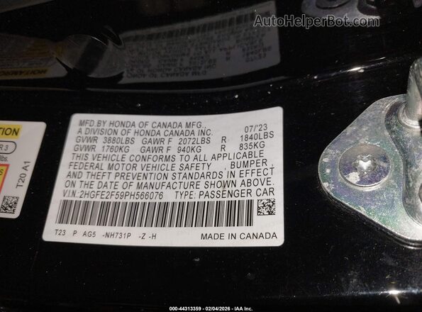 2HGFE2F59PH566076 2023 HONDA CIVIC Black Vista del compartimento del motor