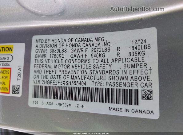 2HGFE2F5XSH555404 2025 HONDA CIVIC Silver Շարժիչի բաժամունքի տեսք