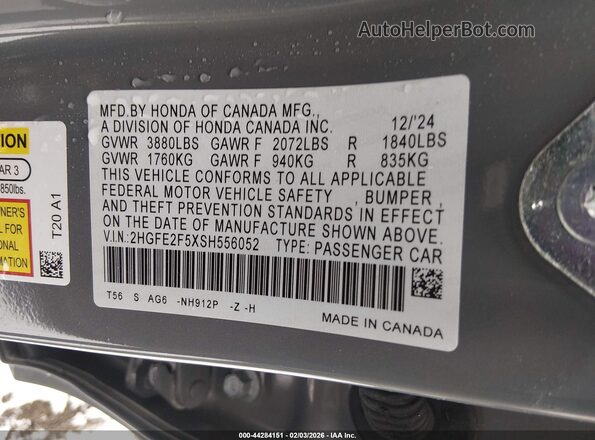2HGFE2F5XSH556052 2025 HONDA CIVIC Gray Շարժիչի բաժամունքի տեսք