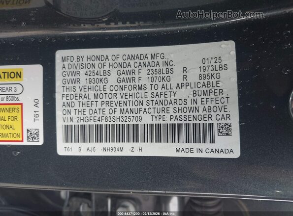 2HGFE4F83SH325709 2025 HONDA CIVIC Gray Вид підкапотного простору
