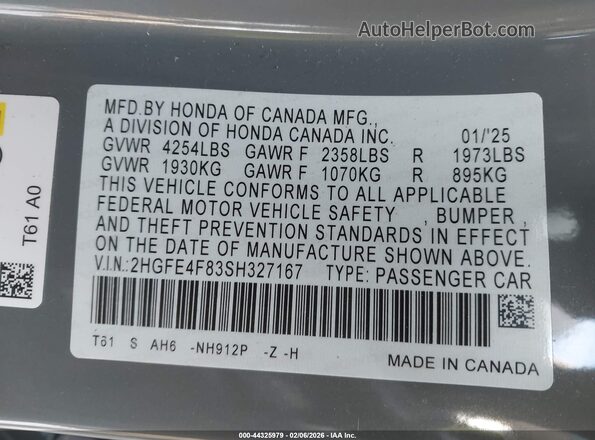 2HGFE4F83SH327167 2025 HONDA CIVIC HYBRID Gray 
