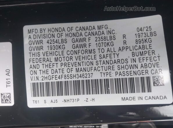 2HGFE4F85SH346237 2025 HONDA CIVIC Black Vista del compartimento del motor
