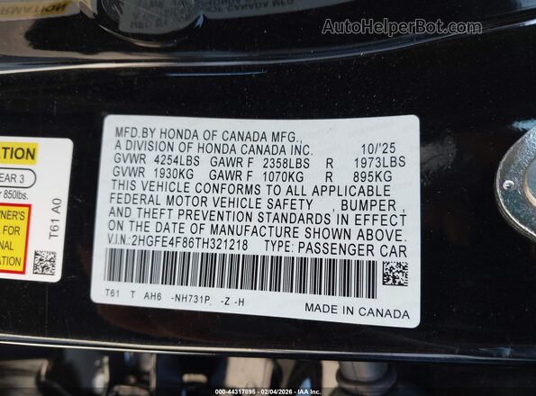 2HGFE4F86TH321218 2026 HONDA CIVIC Black Widok komory silnika