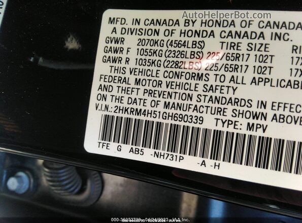 2HKRM4H51GH690339 2016 HONDA CR-V Black Widok komory silnika