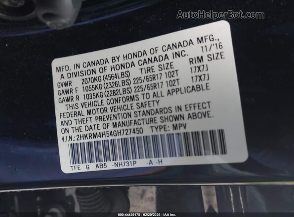 2HKRM4H54GH727450 2016 HONDA CR-V Black Vista del compartimento del motor