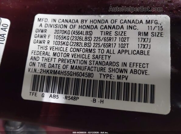 2HKRM4H55GH604580 2016 HONDA CR-V Burgundy ძრავის განყოფილების ხედი