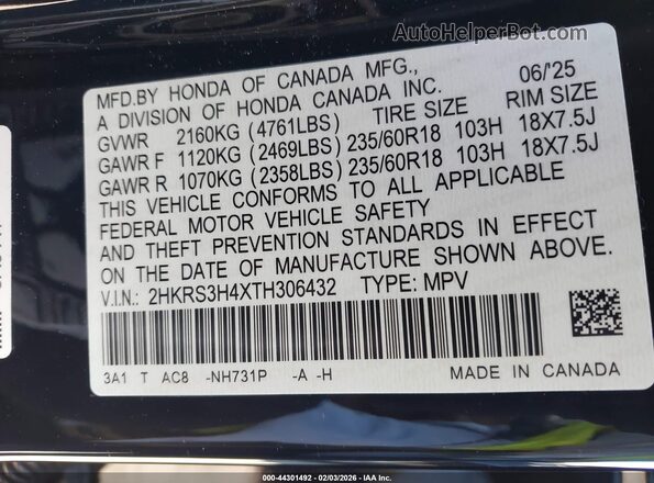 2HKRS3H4XTH306432 2026 HONDA CR-V Black Widok komory silnika