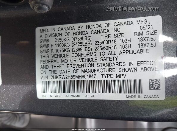 2HKRW2H59MH651847 2021 HONDA CR-V Gray 
