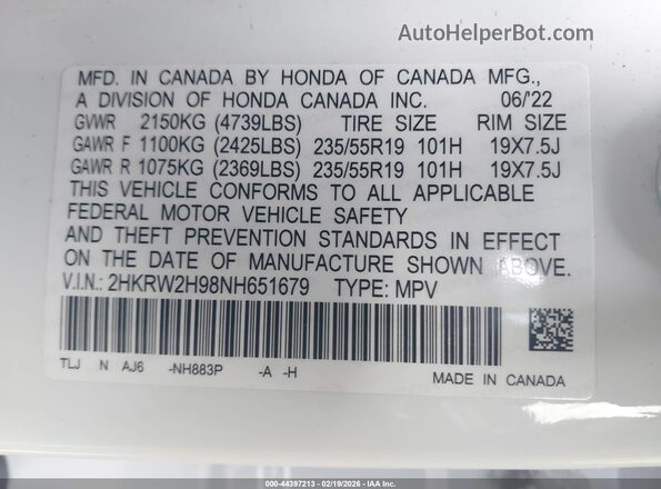 2HKRW2H98NH651679 2022 HONDA CR-V White 