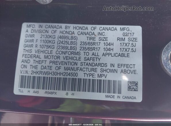 2HKRW6H30HH204500 2017 HONDA CR-V Maroon 