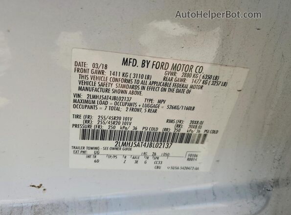 2LMHJ5AT4JBL02137 2018 LINCOLN MKT White Widok naklejki z numerem VIN