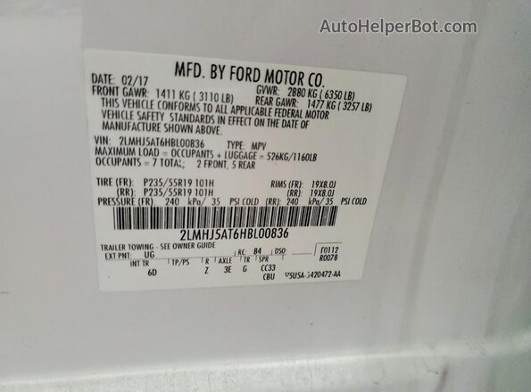 2LMHJ5AT6HBL00836 2017 LINCOLN MKT White VIN sticker view