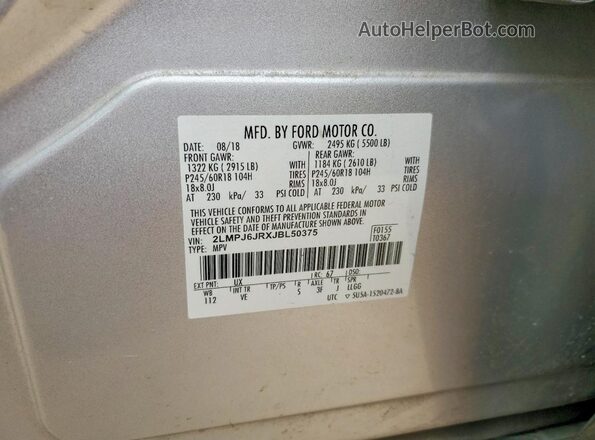 2LMPJ6JRXJBL50375 2018 LINCOLN MKX Silver VIN კოდის სტიკერის ხედი