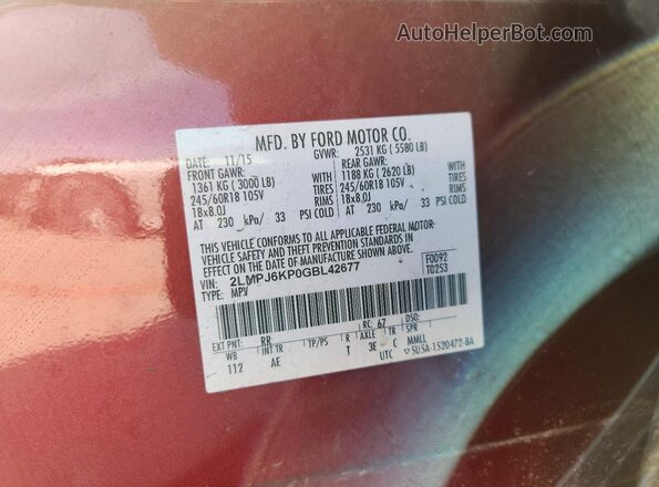 2LMPJ6KP0GBL42677 2016 LINCOLN MKX Красный Вид наклейки с VIN-кодом
