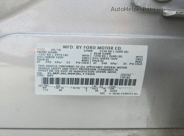 2LMPJ6L99KBL11520 2019 LINCOLN NAUTILUS Silver 