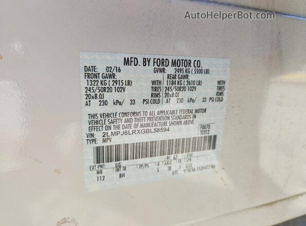 2LMPJ6LRXGBL58594 2016 LINCOLN MKX White Vista del compartimento del motor