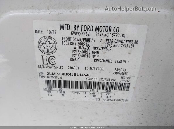 2LMPJ8KR4JBL14546 2018 LINCOLN MKX White 