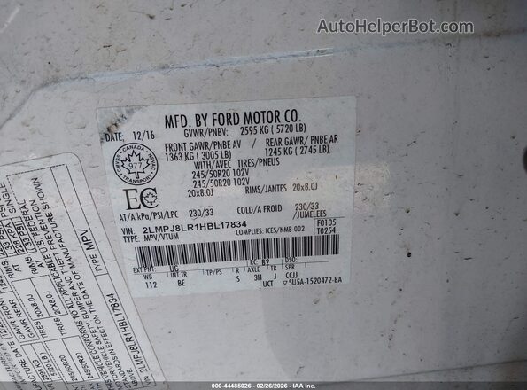 2LMPJ8LR1HBL17834 2017 LINCOLN MKX White Շարժիչի բաժամունքի տեսք