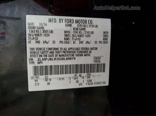 2LMPJ8LR3GBL89679 2016 LINCOLN MKX Черный Вид наклейки с VIN-кодом