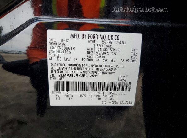 2LMPJ8LRXJBL12511 2018 LINCOLN MKX Black Вид наклейки з VIN-кодом