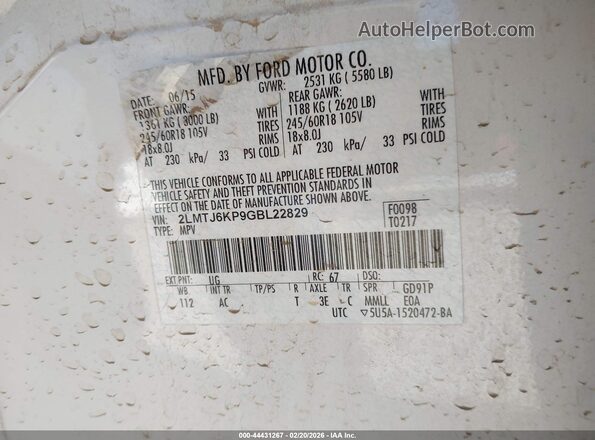 2LMTJ6KP9GBL22829 2016 LINCOLN MKX White 