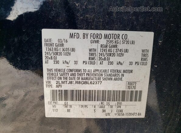 2LMTJ8LR8GBL62377 2016 LINCOLN MKX Black Vista de la etiqueta del VIN