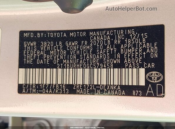 2T1BURHE0GC579458 2016 TOYOTA LL Silver Widok komory silnika