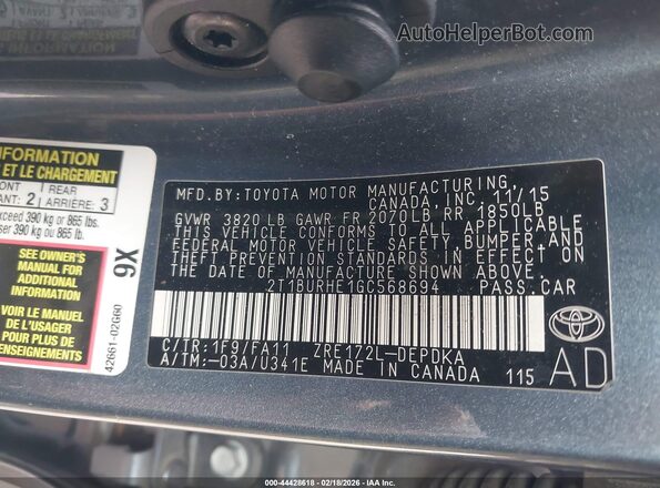 2T1BURHE1GC568694 2016 TOYOTA LL Gray Շարժիչի բաժամունքի տեսք