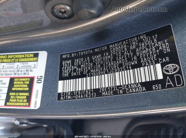 2T1BURHE1JC992514 2018 TOYOTA LL Gray Вид підкапотного простору
