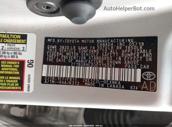 2T1BURHE2JC115062 2018 TOYOTA LL Silver ძრავის განყოფილების ხედი
