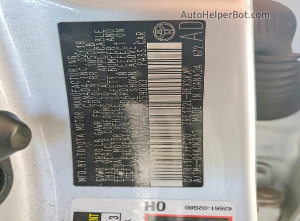 2T1BURHE3JC059083 2018 TOYOTA LL Серебряный Вид наклейки с VIN-кодом