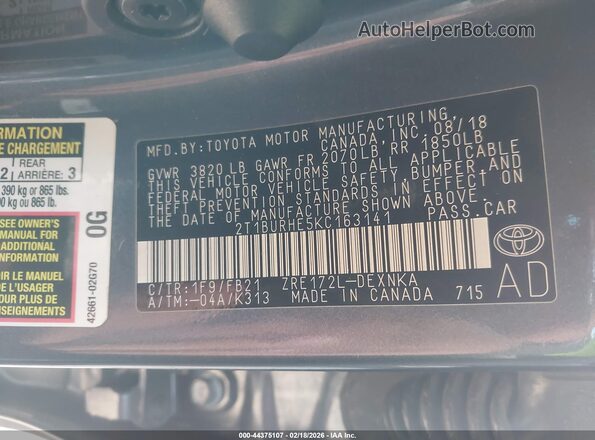 2T1BURHE5KC163141 2019 TOYOTA LL Серый 