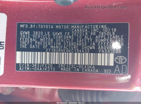 2T1BURHE6KC194432 2019 TOYOTA LL Red 