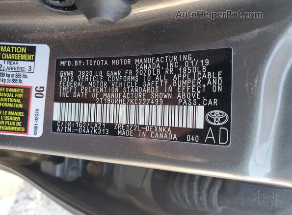 2T1BURHE7KC227499 2019 TOYOTA LL Gray 
