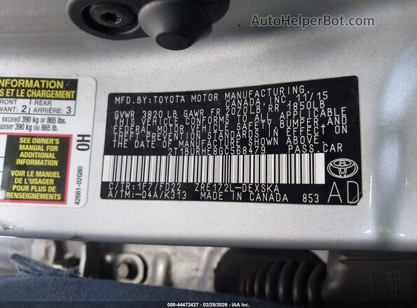 2T1BURHE8GC568479 2016 TOYOTA LL Silver Вид підкапотного простору
