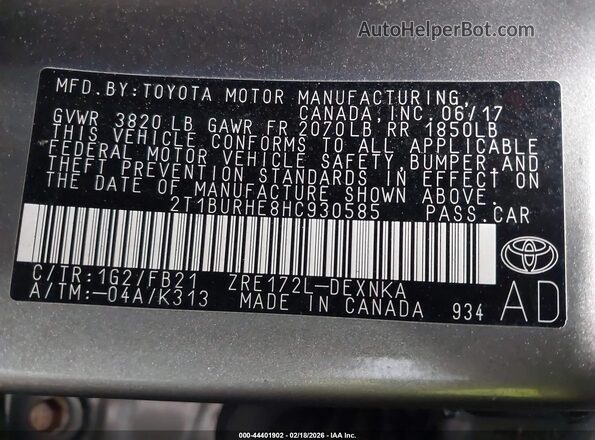 2T1BURHE8HC930585 2017 TOYOTA LL Gray Widok komory silnika