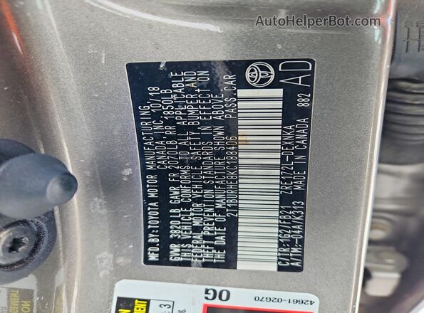 2T1BURHE8KC188406 2019 TOYOTA LL Tan 
