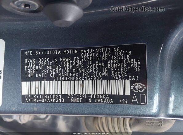 2T1BURHE9KC167936 2019 TOYOTA LL Зеленый Вид подкапотного пространства