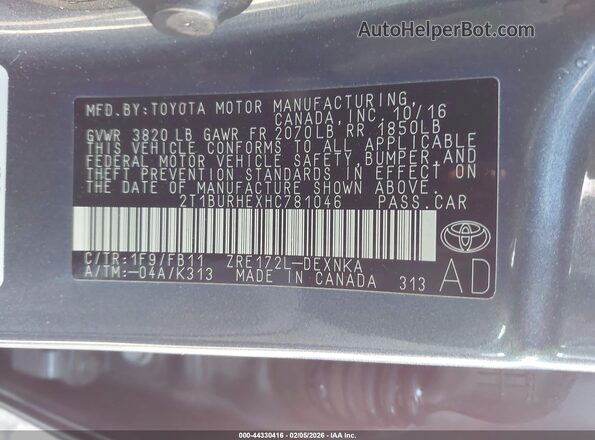 2T1BURHEXHC781046 2017 TOYOTA LL Teal Widok komory silnika