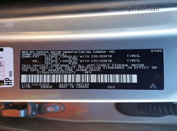 2T2ADCAZ0SC024472 2025 LEXUS NX Silver VIN կոդի պիտակի տեսք