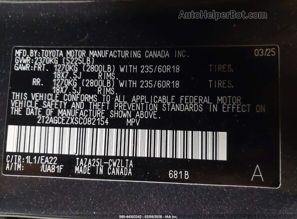 2T2AGCEZXSC082154 2025 LEXUS NX 350 Черный Вид подкапотного пространства