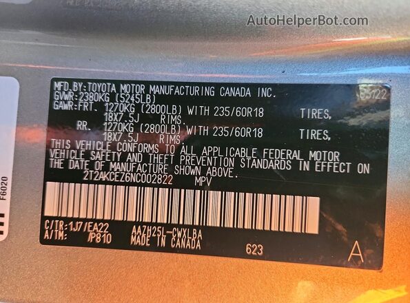 2T2AKCEZ6NC002822 2022 LEXUS NX Gray Vista de la etiqueta del VIN