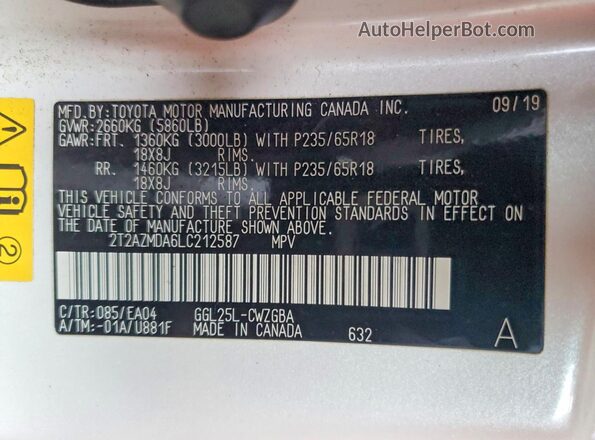 2T2AZMDA6LC212587 2020 LEXUS RX White VIN კოდის სტიკერის ხედი