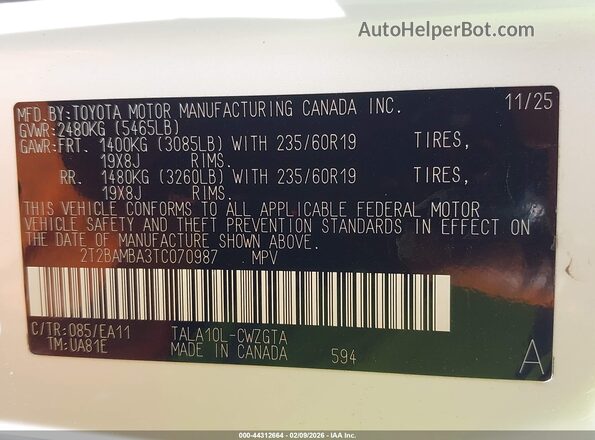2T2BAMBA3TC070987 2026 LEXUS RX 350 White Widok komory silnika