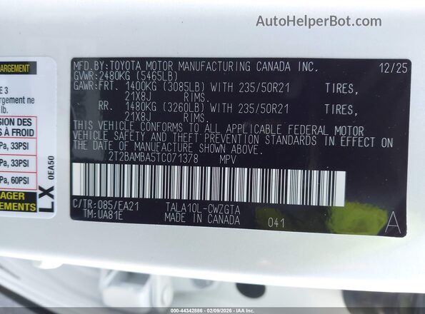 2T2BAMBA5TC071378 2026 LEXUS RX 350 White Շարժիչի բաժամունքի տեսք