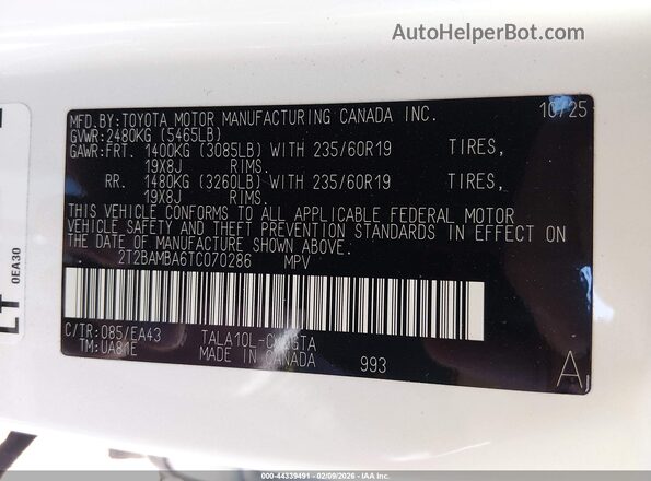 2T2BAMBA6TC070286 2026 LEXUS RX 350 White Շարժիչի բաժամունքի տեսք