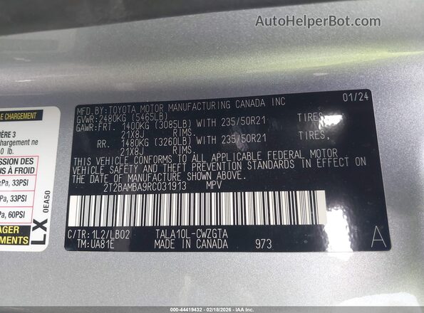 2T2BAMBA9RC031913 2024 LEXUS RX 350 Silver Вид підкапотного простору
