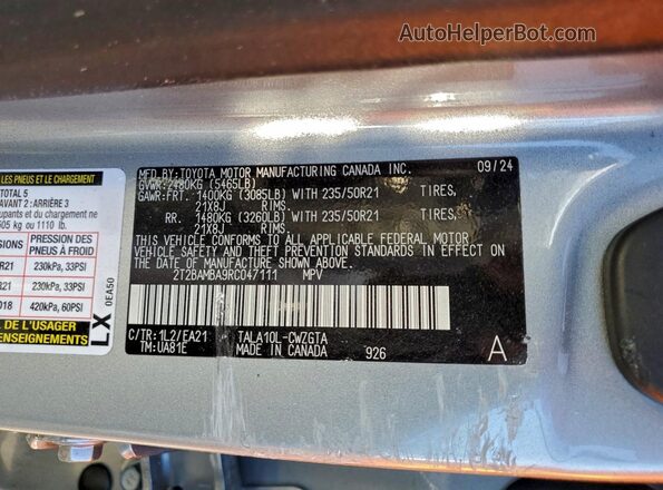 2T2BAMBA9RC047111 2024 LEXUS RX Silver VIN კოდის სტიკერის ხედი