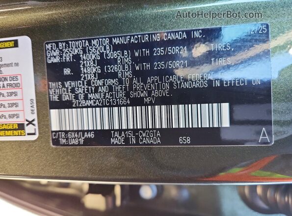 2T2BAMCA2TC131664 2026 LEXUS RX Green Vista de la etiqueta del VIN