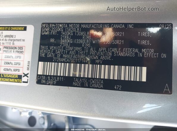 2T2BAMCA7SC117144 2025 LEXUS RX 350 Silver Vista del compartimento del motor